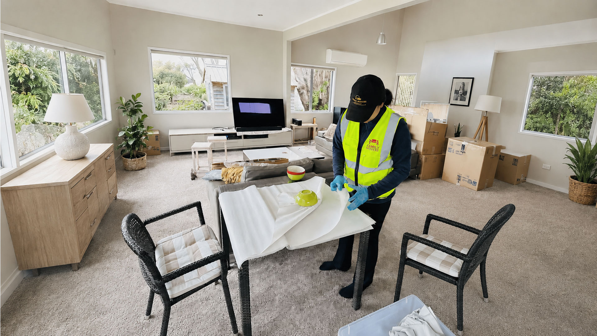 Family Movers crew member carefully wrapping furniture during a retirement move